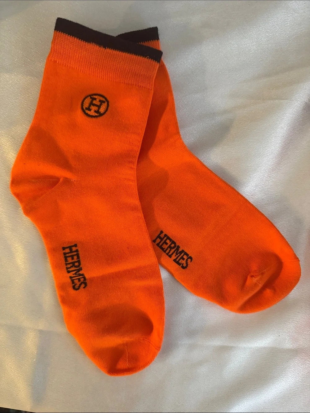 New! Hermes Orange Crew Socks with Black Logo Trim